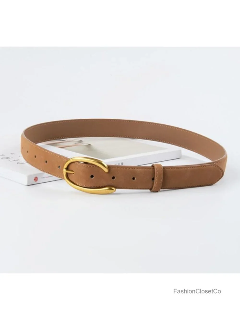 Women's Leather Belt with Gold Buckle - Fashion Suede Belt for Jeans & Dresses
